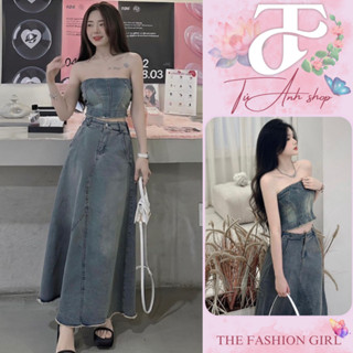 💖FREESHIP💖Set váy - đầm jean bò denim cúp ngực, áo quây ngực chun lưng phối chân váy jean dáng dài siêu hot