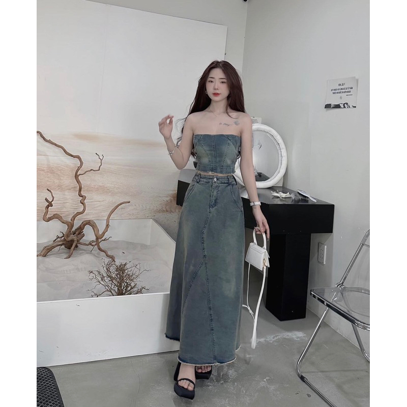 💖FREESHIP💖Set váy - đầm jean bò denim cúp ngực, áo quây ngực chun lưng phối chân váy jean dáng dài siêu hot