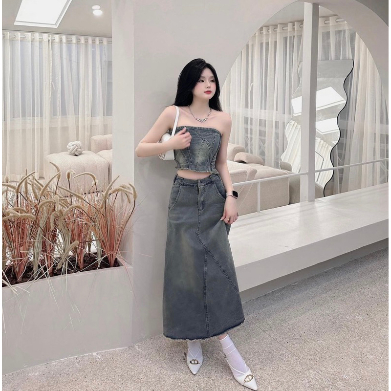 💖FREESHIP💖Set váy - đầm jean bò denim cúp ngực, áo quây ngực chun lưng phối chân váy jean dáng dài siêu hot