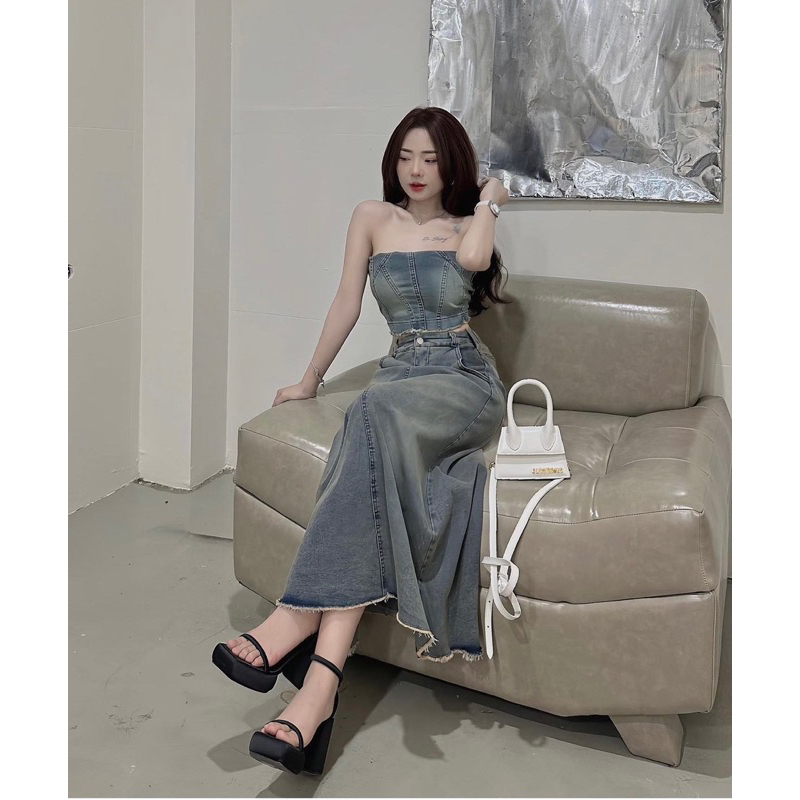 💖FREESHIP💖Set váy - đầm jean bò denim cúp ngực, áo quây ngực chun lưng phối chân váy jean dáng dài siêu hot