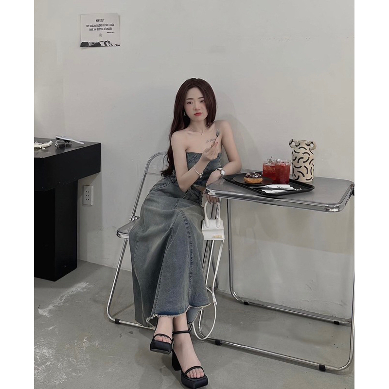 💖FREESHIP💖Set váy - đầm jean bò denim cúp ngực, áo quây ngực chun lưng phối chân váy jean dáng dài siêu hot