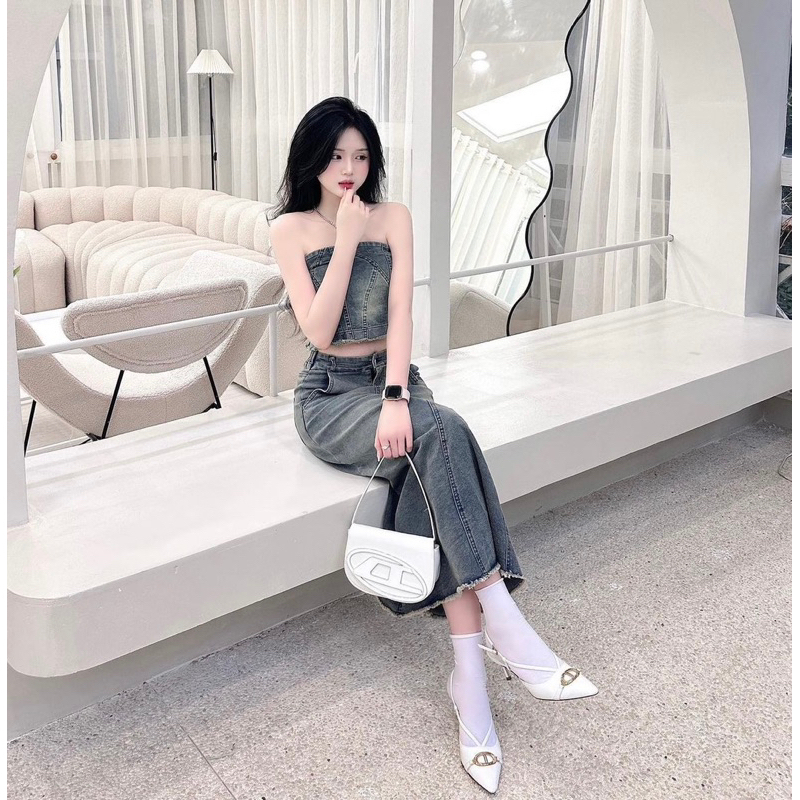 💖FREESHIP💖Set váy - đầm jean bò denim cúp ngực, áo quây ngực chun lưng phối chân váy jean dáng dài siêu hot