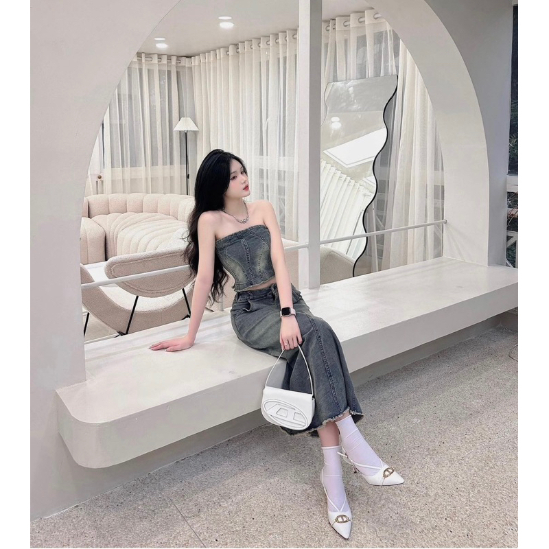 💖FREESHIP💖Set váy - đầm jean bò denim cúp ngực, áo quây ngực chun lưng phối chân váy jean dáng dài siêu hot