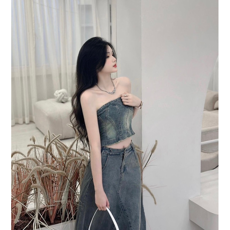 💖FREESHIP💖Set váy - đầm jean bò denim cúp ngực, áo quây ngực chun lưng phối chân váy jean dáng dài siêu hot
