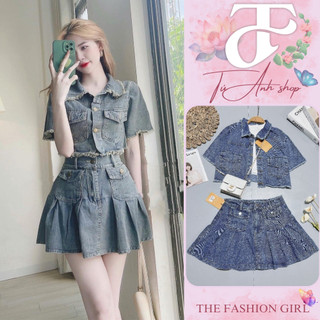 Set bộ Bò Denim - Set áo bò jean cộc tay mix kèm với chân váy hàng QC cao cấp, chất dày dặn, mềm mịn