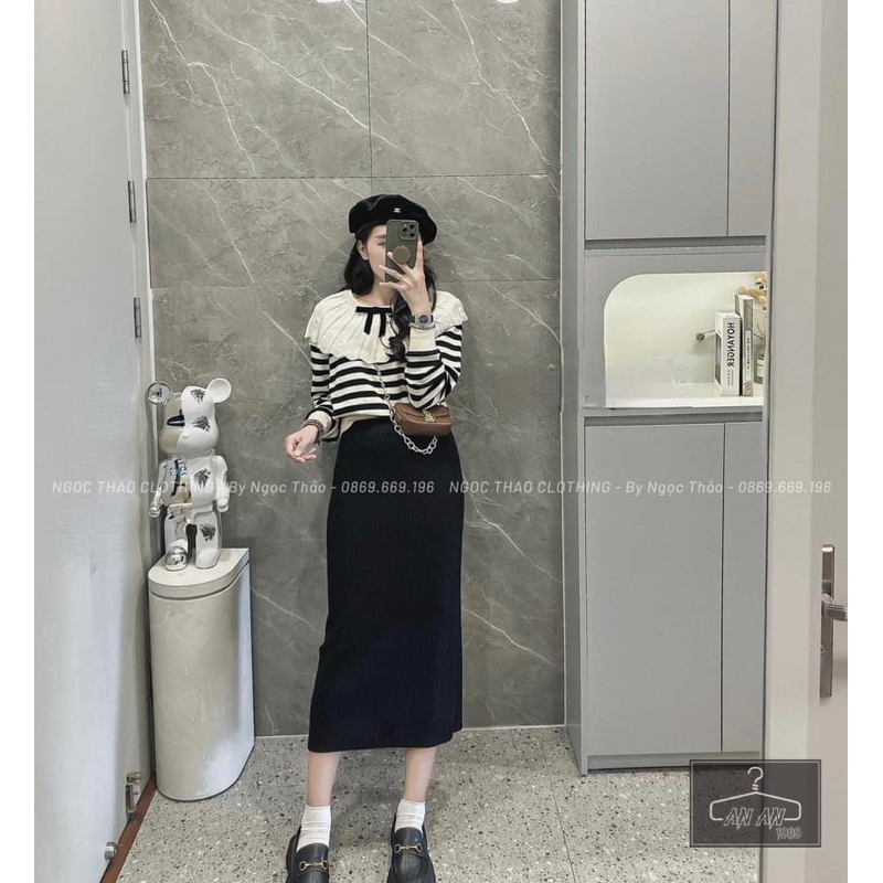 Áo Len Kẻ Cổ Bèo Nơ