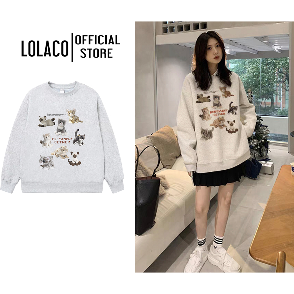 Áo SWEATER nỉ bông cotton in hình MÈO MỸ dày mịn xịn màu xám trắng hottrend 2023