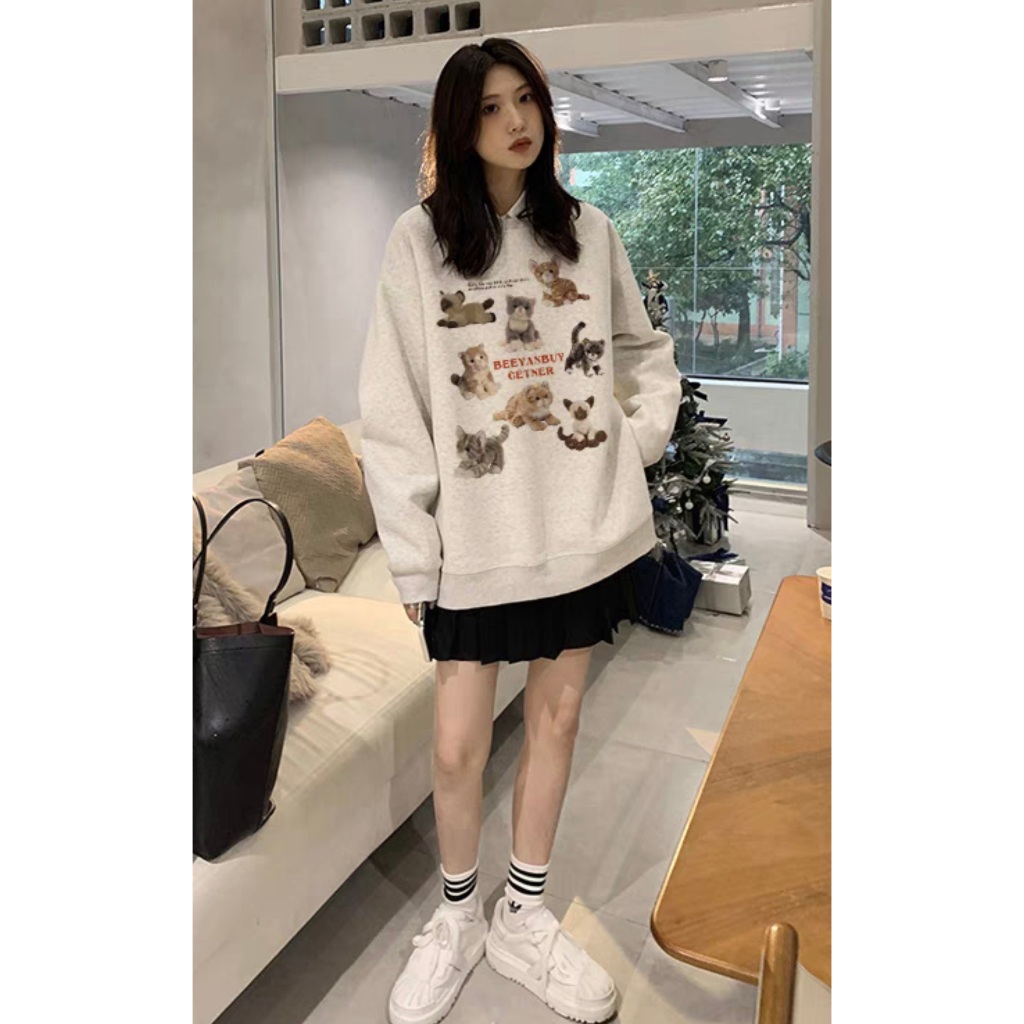 Áo SWEATER nỉ bông cotton in hình MÈO MỸ dày mịn xịn màu xám trắng hottrend 2023