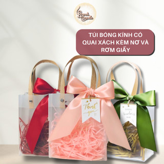 Túi đựng quà bóng kính kèm nơ và rơm giấy màu hồng