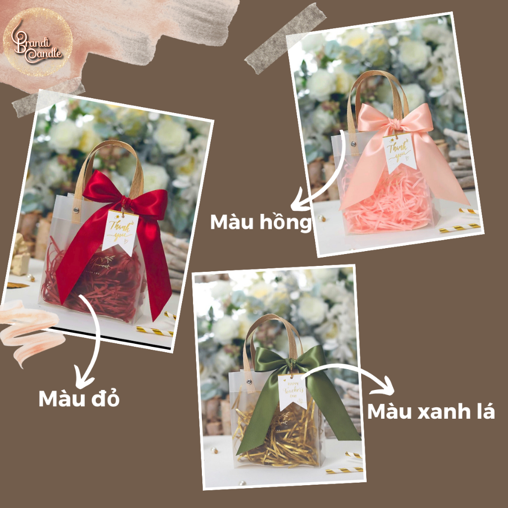Túi đựng quà bóng kính kèm nơ và rơm giấy màu hồng