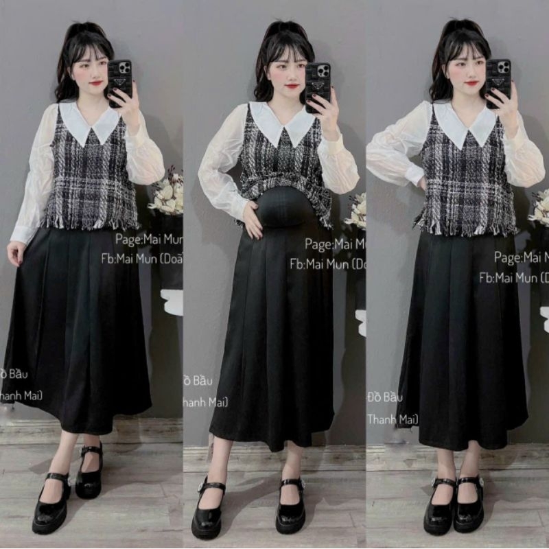 CHÂN VÁY BẦU DÁNG DÀI XẾP LY 45-75KG ảnh thật