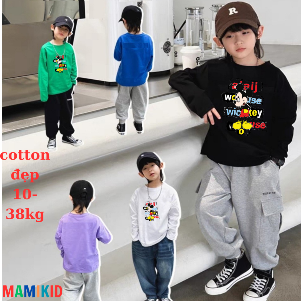 Áo Thun Dài Tay Cho Bé 10-40kg, Áo Phông Trẻ Em Mickey Mouse, chất thun 100% sợi cotton tự nhiên mềm đẹp