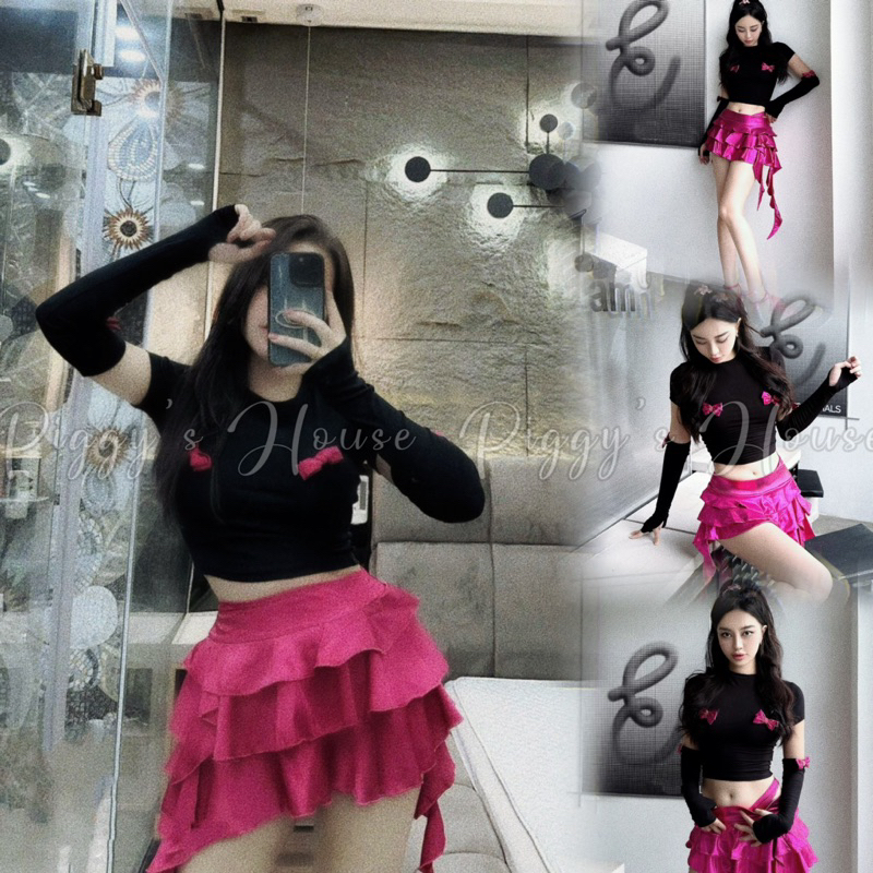 Set Blackpink Áo Thun Tay Ngắn Nơ Hồng Nổi + Ống Tay Rời + Chân Váy Hồng Sen Tầng Tua Rua Có Lót Quần - PIGGYHOUSE