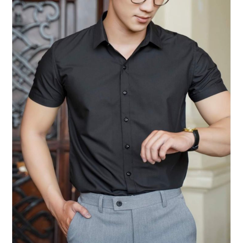 Aó sơ mi nam tay ngắn chất vải lụa Thái cao cấp chống nhăn, phom body Hàn Quốc, mặc mát