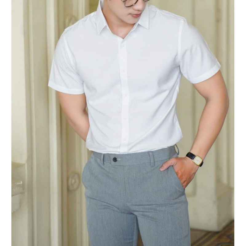 Aó sơ mi nam tay ngắn chất vải lụa Thái cao cấp chống nhăn, phom body Hàn Quốc, mặc mát