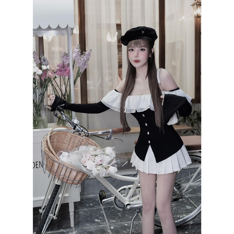 Set áo trễ vai bèo ngực tay loe mix cv xếp ly siêu xinh Áo len tăm dày đẹp, cúc cài ôm