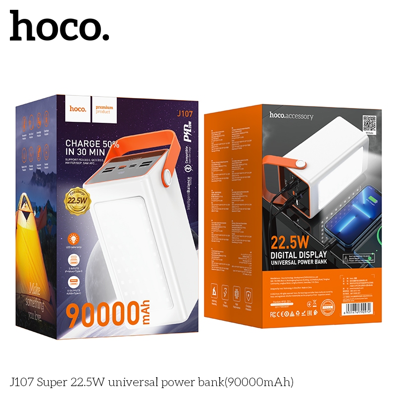 Pin dự phòng Hoco J107 90000mAh USB QC3.0 22.5W và TypeC PD 20W, có đèn led siêu sáng - HÃNG PHÂN PHỐI