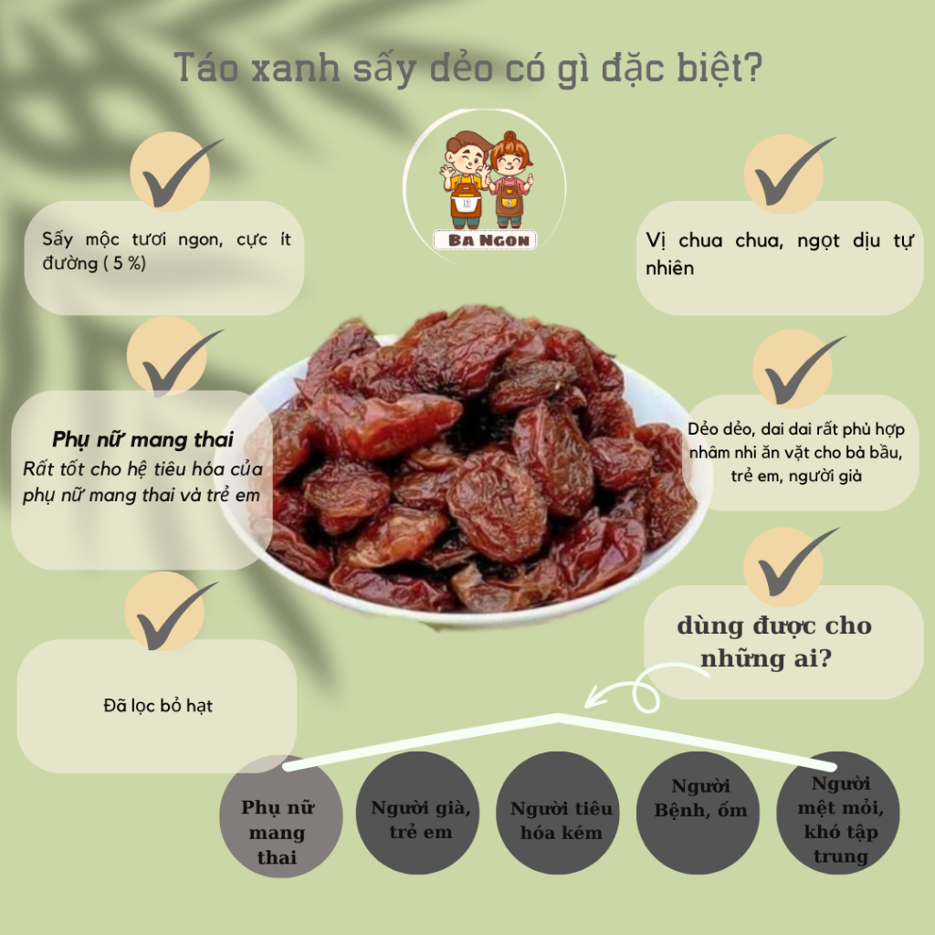 Táo xanh sấy dẻo - chua ngọt tự nhiên- sấy mộc không đường