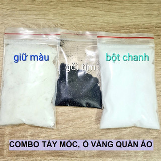 Combo Thuốc tẩy mốc quần áo, tẩy ố vàng áo trắng, gồm 3 gói Thuốc tím+ Bột Chanh+ Giữ màu phương pháp dân gian