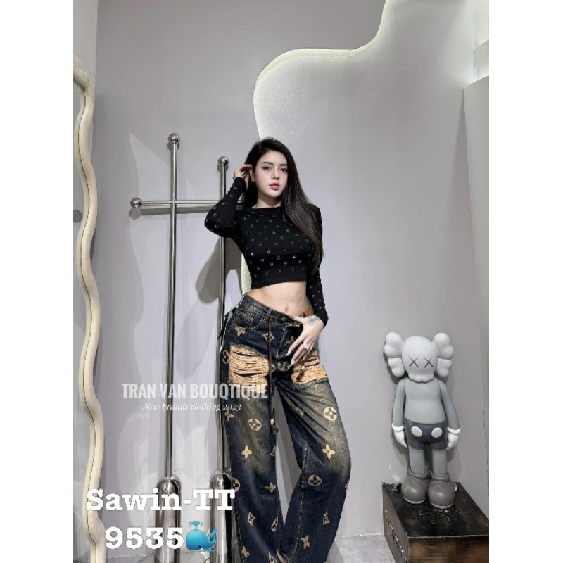 Quần jeans suông rách họa tiết hàng QCL1