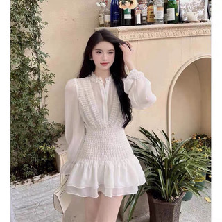 Váy trắng dự tiệc tay dài phối chun eo - Đầm trắng nữ tiểu thư babydoll sang chảnh