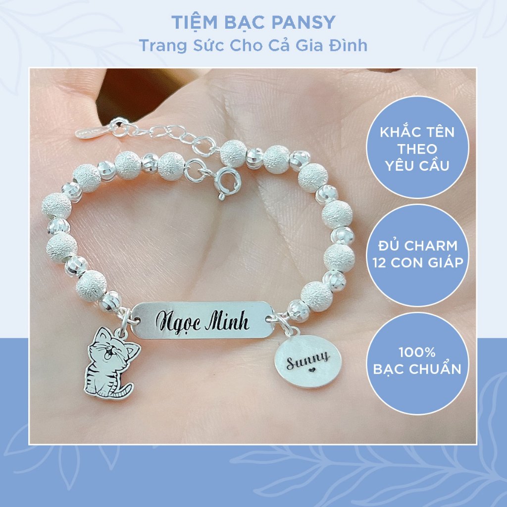 Lắc tay bạc ta trẻ em charm 12 con giáp khắc tên theo yêu cầu - Lắc bạc chuỗi bi cao cấp