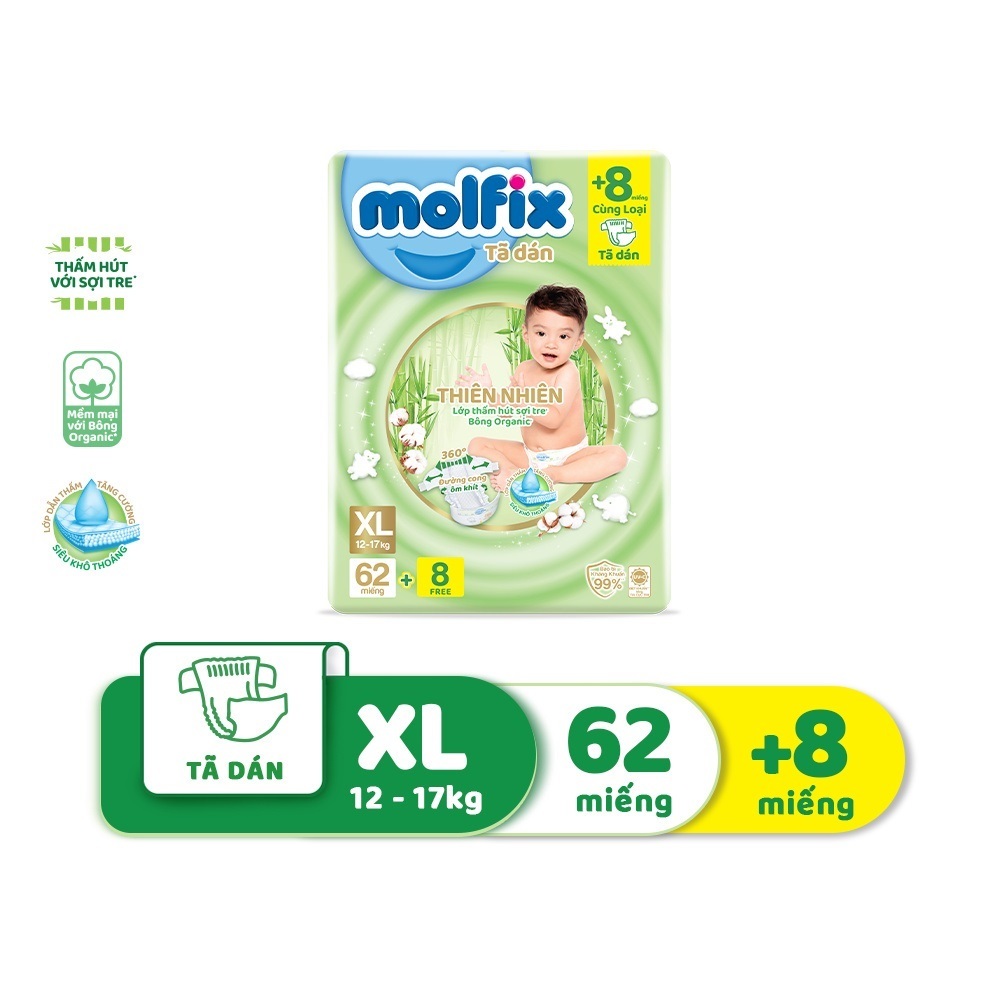 Tã/bỉm Dán Molfix Thiên nhiên NB90+10 / NB76 / S80+4 / M76+6 / L68+6 / XL62+8 / XXL56+8 Bông Organic tự nhiên