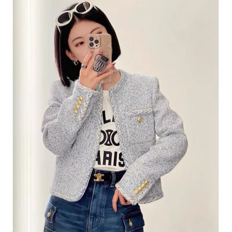 Áo khoác dạ Tweed cao cấp, áo dạ dáng ngắn màu xanh dương vải dạ dày dặn- DA05