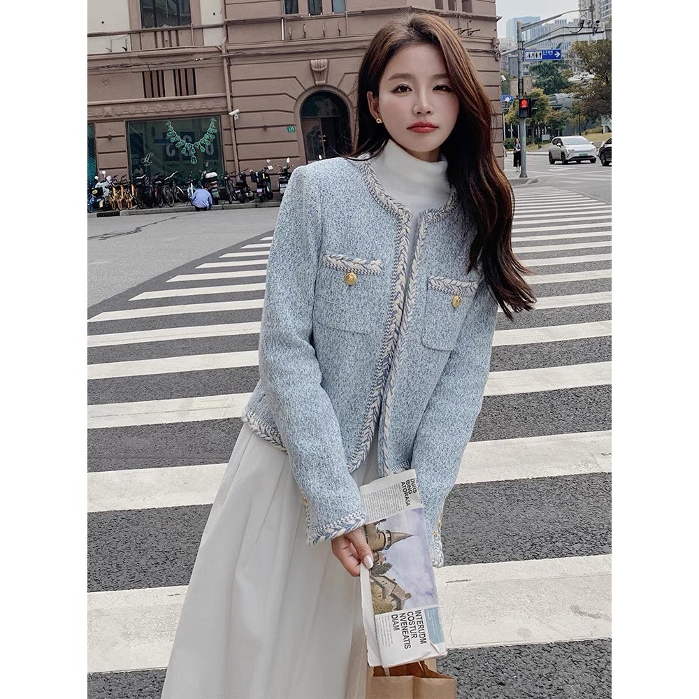 Áo khoác dạ Tweed cao cấp, áo dạ dáng ngắn màu xanh dương vải dạ dày dặn- DA05