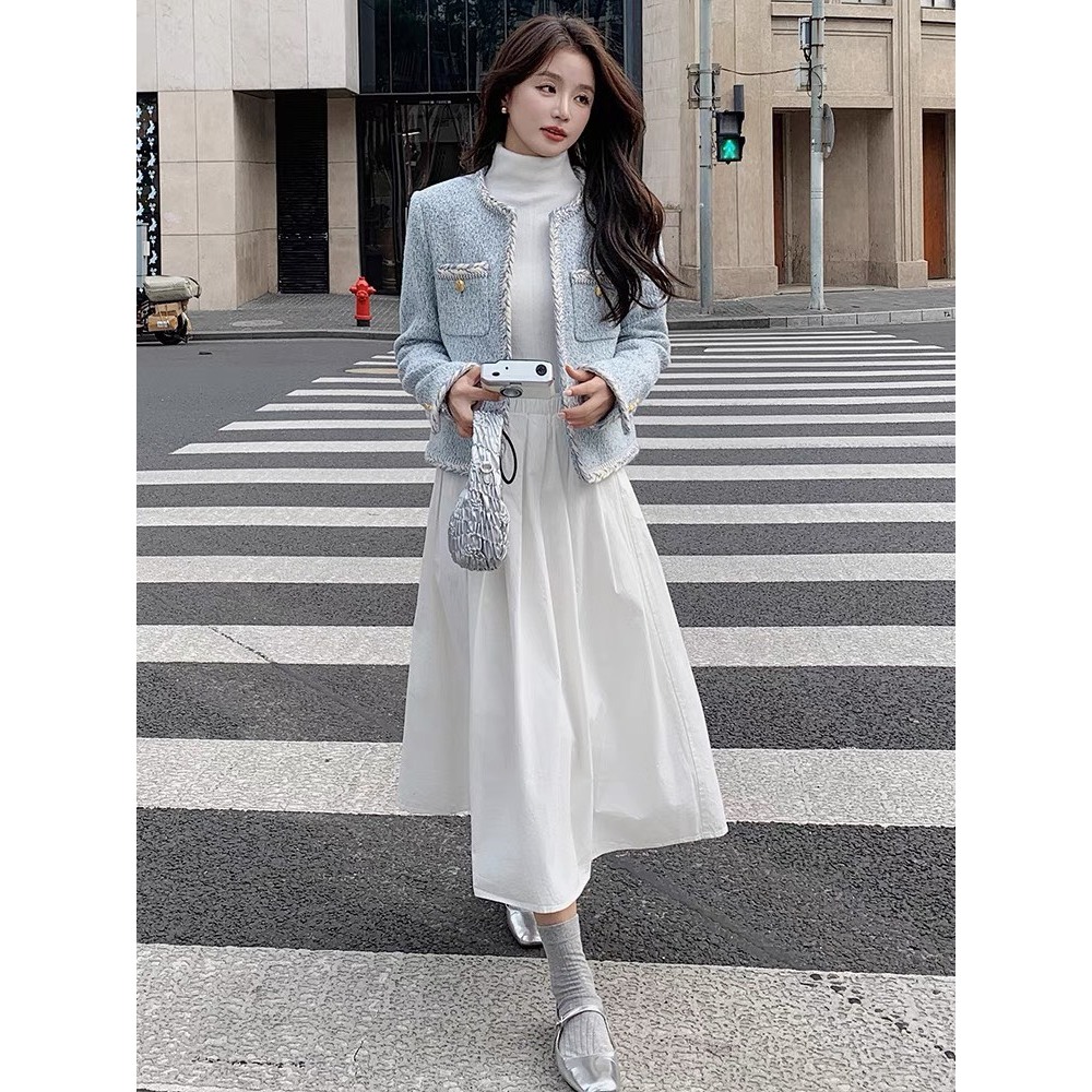 Áo khoác dạ Tweed cao cấp, áo dạ dáng ngắn màu xanh dương vải dạ dày dặn- DA05