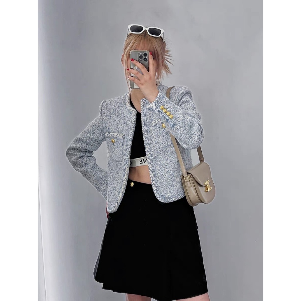 Áo khoác dạ Tweed cao cấp, áo dạ dáng ngắn màu xanh dương vải dạ dày dặn- DA05