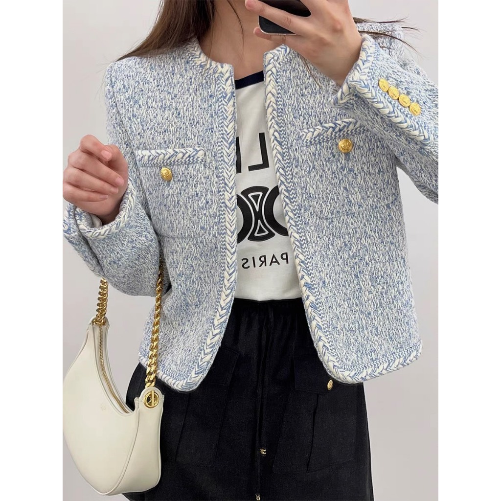 Áo khoác dạ Tweed cao cấp, áo dạ dáng ngắn màu xanh dương vải dạ dày dặn- DA05