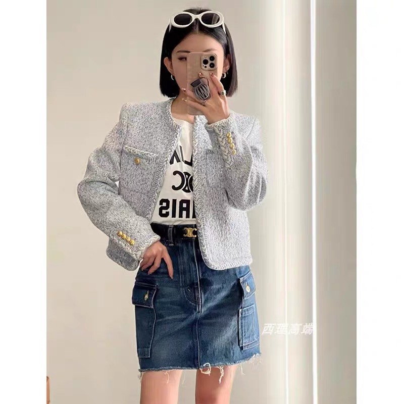 Áo khoác dạ Tweed cao cấp, áo dạ dáng ngắn màu xanh dương vải dạ dày dặn- DA05