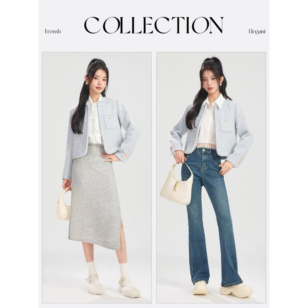 Áo khoác dạ Tweed cao cấp, áo dạ dáng ngắn màu xanh dương vải dạ dày dặn- DA05