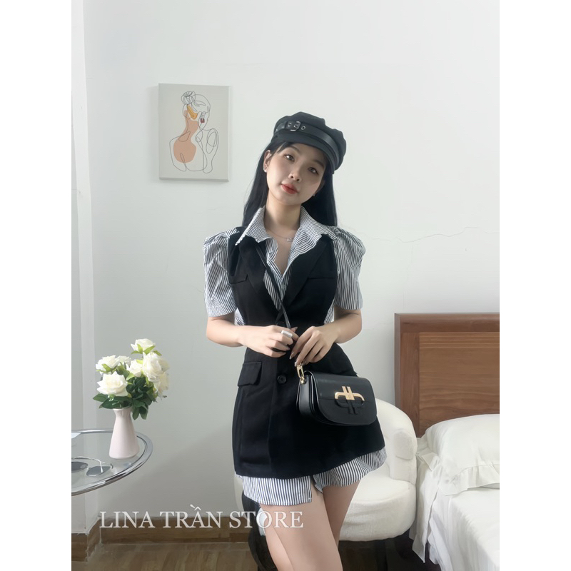 Váy sơ mi kèm gile (liền) kẻ sọc ngắn tay đẹp cổ đức thanh lịch