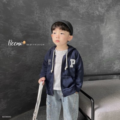Áo khoác hoodie dài tay Beemo cho bé trai, phối chữ P kèm dây rút vải nỉ 2 da dày dặn, mặc thu đông B23383AD