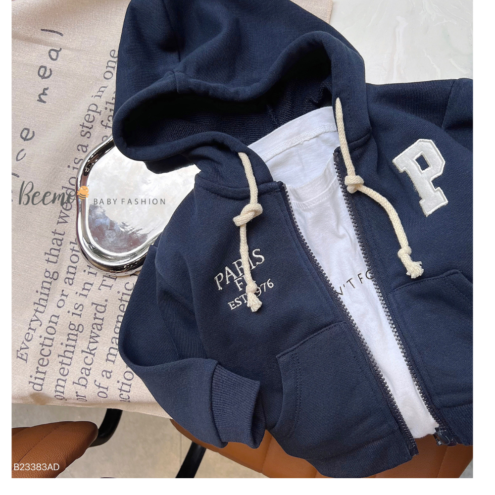 Áo khoác hoodie dài tay Beemo cho bé trai, phối chữ P kèm dây rút vải nỉ da cá dày dặn, mặc thu đông B23383AD
