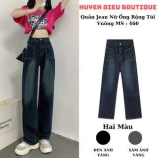 Quần jean nữ ống rộng túi vuông lưng cao phối màu cá tính,quần bò cạp cao 2 màu đen và xanh Retro mẫu mới 2023