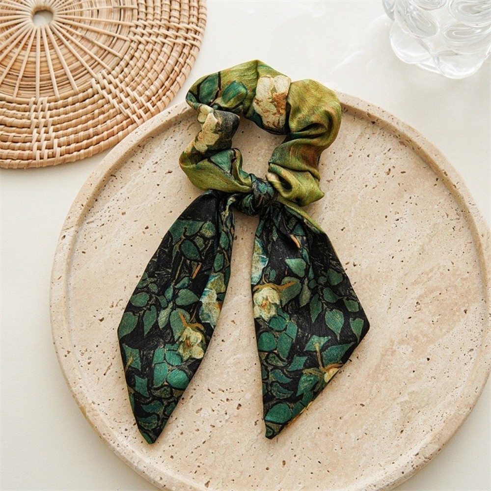 Dây buộc tóc scrunchie hoạ tiết Wild Roses Vangogh vải cotton lấp lánh