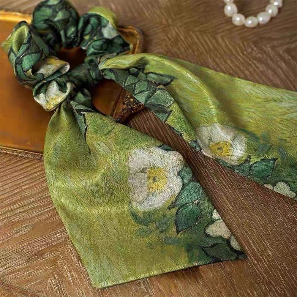 Dây buộc tóc scrunchie hoạ tiết Wild Roses Vangogh vải cotton lấp lánh