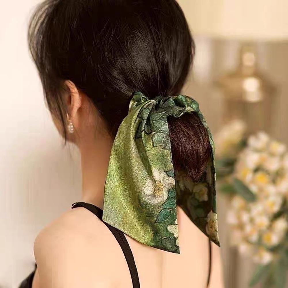 Dây buộc tóc scrunchie hoạ tiết Wild Roses Vangogh vải cotton lấp lánh