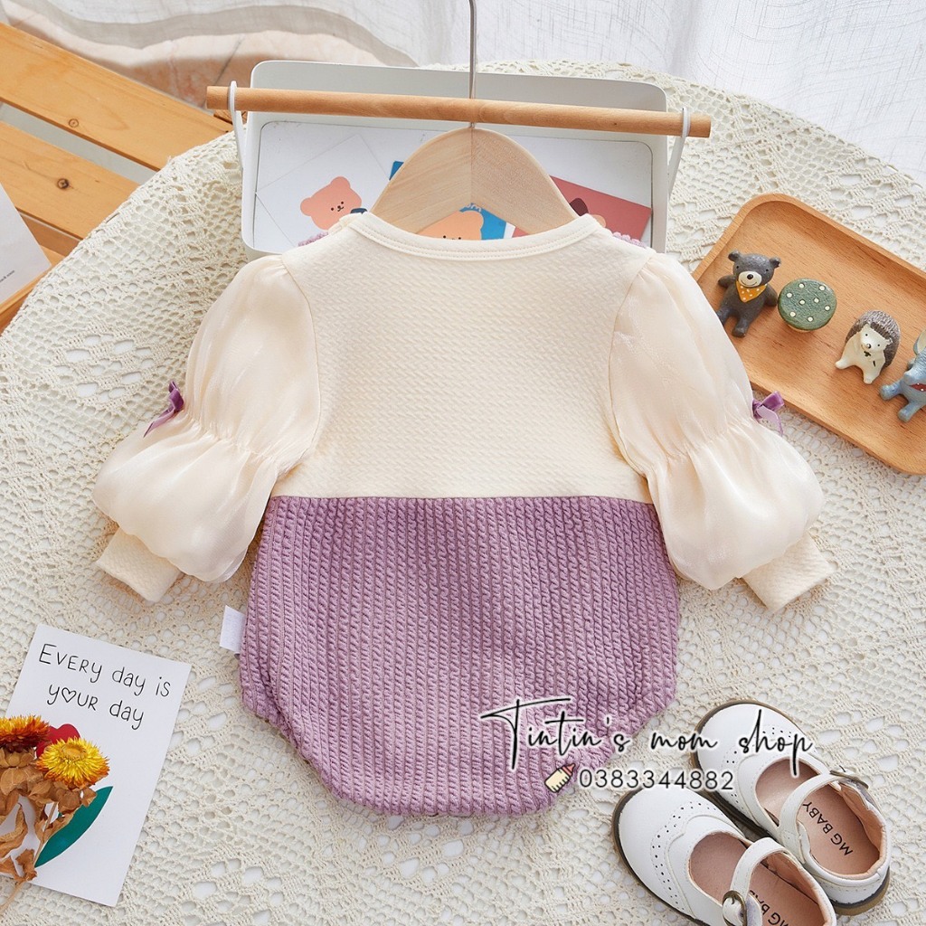 Bộ body chíp đầy tháng/ thôi nôi giả yếm tím tay bồng cho bé gái 3-18M