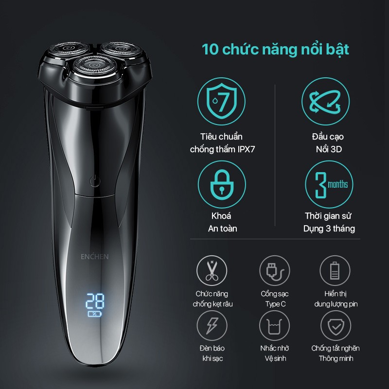 Máy cạo râu đa năng Enchen BlackStone 3 cạo êm sát chống nước chuẩn IPX7 pin siêu bền - Hàng chính hãng