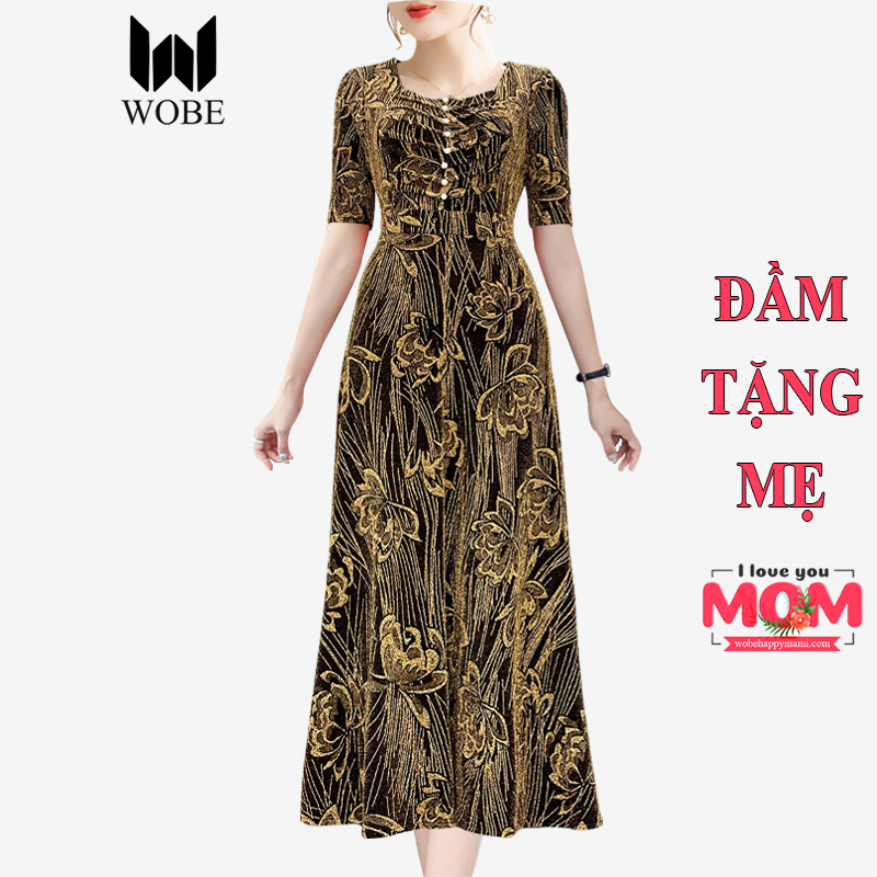 Đầm trung niên dự tiệc sang trọng vải nhũ kim sa tặng mẹ co giãn tốt bigsize 80kg DN19 WB WOMAN & BEAUTY