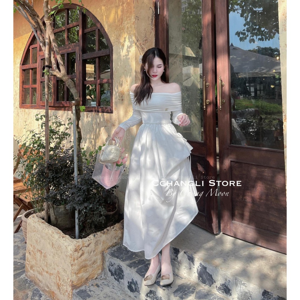 Đầm váy nữ áo trễ vai dài tay phối tùng váy xòe xinh xắn với tone màu nhẹ nhàng dành cho các nàng diện đi chơi, hẹn hò