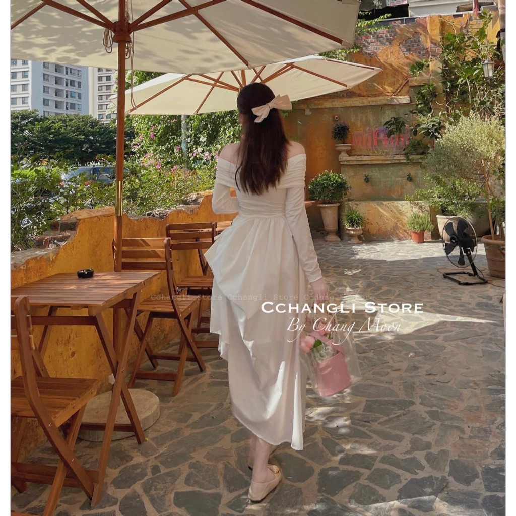 Đầm váy nữ áo trễ vai dài tay phối tùng váy xòe xinh xắn với tone màu nhẹ nhàng dành cho các nàng diện đi chơi, hẹn hò