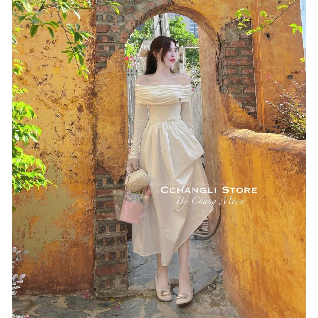 Đầm váy nữ áo trễ vai dài tay phối tùng váy xòe xinh xắn với tone màu nhẹ nhàng dành cho các nàng diện đi chơi, hẹn hò