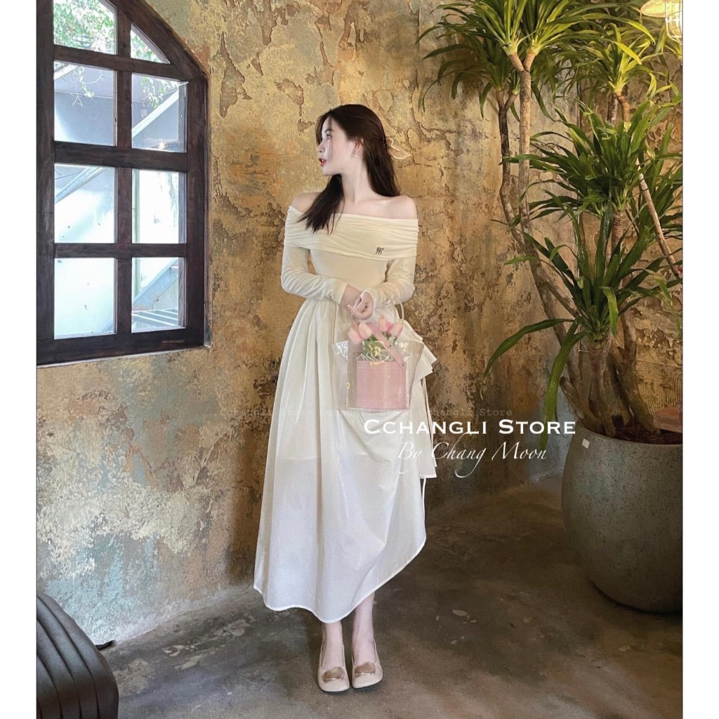 Đầm váy nữ áo trễ vai dài tay phối tùng váy xòe xinh xắn với tone màu nhẹ nhàng dành cho các nàng diện đi chơi, hẹn hò