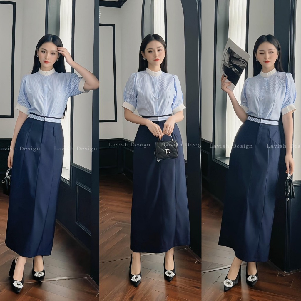 Set bộ đồ nữ công sở áo sơ mi cổ trụ viền trắng mix chân váy suông chữ A với tone màu xanh trẻ trung, xinh xắn