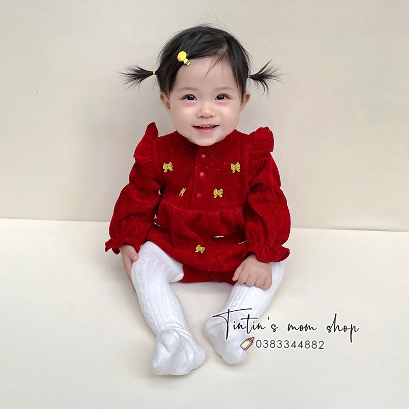 Bộ body chíp đầy tháng/ thôi nôi đỏ tay bồng cho bé gái 3-18M
